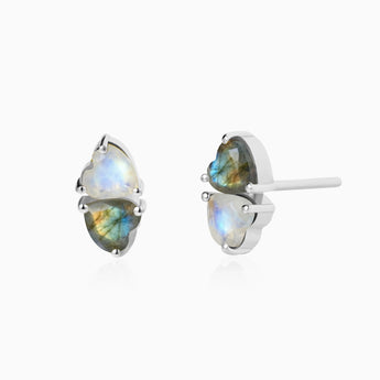 Heart Moonstone & Labradorite Toi et Moi Stud Earrings - Duality 925 Sterling Silver Front View