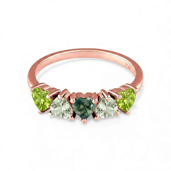 Heart Moss Agate & Peridot Arc Ring - Crescent Line 18KT Rose Gold Vermeil Front View