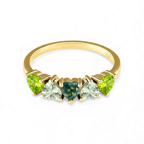 Heart Moss Agate & Peridot Arc Ring - Crescent Line 18KT Yellow Gold Vermeil Front View