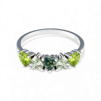 Heart Moss Agate & Peridot Arc Ring - Crescent Line 925 Sterling Silver Front View