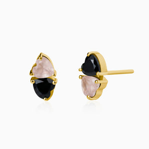 Heart Rose Quartz & Black Onyx Toi et Moi Stud Earrings - Duality 18KT Yellow Gold Vermeil Front View