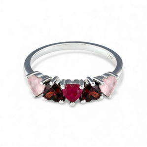 Heart Rose Quartz & Ruby Gradient Arc Ring - Crescent Line 925 Sterling Silver Front View