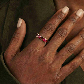 Heart Ruby & Garnet Arc Ring - Crescent Line 18KT Rose Gold Vermeil Wearing Diagram