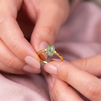 Irregular Green Amethyst Ring - Raw Aura 18KT Yellow Gold Vermeil Holding Shot