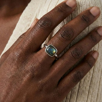 Labradorite Cushion Ring - Pure Hush 925 Sterling Silver Worn View