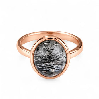 Large Cabochon Black Rutilated Quartz Ring - Bold Serenity 18KT Rose Gold Vermeil Front View