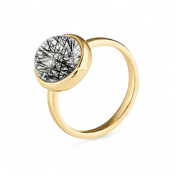 Large Cabochon Black Rutilated Quartz Ring - Bold Serenity 18KT Yellow Gold Vermeil Side View