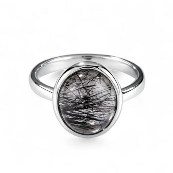 Large Cabochon Black Rutilated Quartz Ring - Bold Serenity 925 Sterling Silver Front View