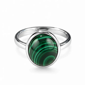 Large Cabochon Malachite Ring - Bold Serenity 925 Sterling Silver Front View