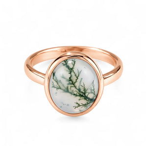 Large Cabochon Moss Agate Ring - Bold Serenity 18KT Rose Gold Vermeil Front View