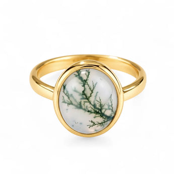 Large Cabochon Moss Agate Ring - Bold Serenity 18KT Yellow Gold Vermeil Front View