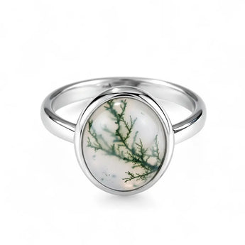 Large Cabochon Moss Agate Ring - Bold Serenity 925 Sterling Silver Front View