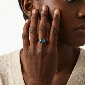 London Blue Topaz Cushion Ring - Pure Hush 925 Sterling Silver Model Shot