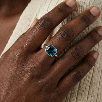 London Blue Topaz Cushion Ring - Pure Hush 925 Sterling Silver Worn View