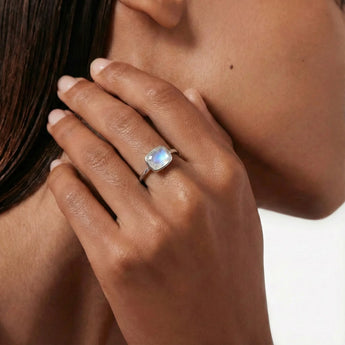 Moonstone Cushion Ring - Pure Hush 925 Sterling Silver Model Shot