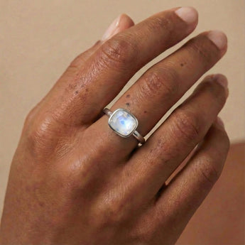 Moonstone Cushion Ring - Pure Hush 925 Sterling Silver Worn View