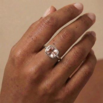Morganite Cushion Ring - Pure Hush 925 Sterling Silver Worn View
