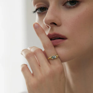 Moss Agate Baguette Ring - Axis 18KT Yellow Gold Vermeil Model Shot