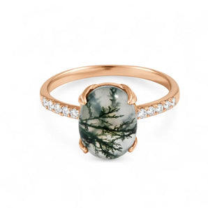 Moss Agate Cabochon Ring - Minimal Spiritual 18KT Rose Gold Vermeil Front View