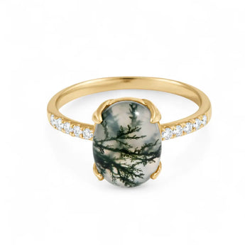 Moss Agate Cabochon Ring - Minimal Spiritual 18KT Yellow Gold Vermeil Front View