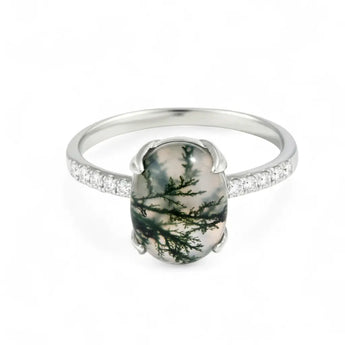 Moss Agate Cabochon Ring - Minimal Spiritual 925 Sterling Silver Front View