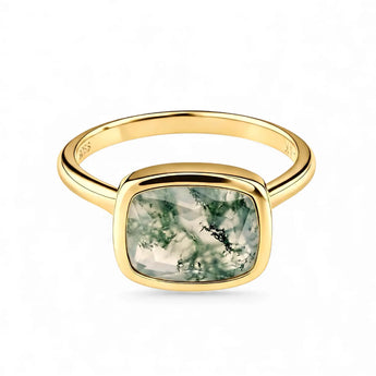 Moss Agate Cushion Ring - Pure Hush 18KT Yellow Gold Vermeil Front View