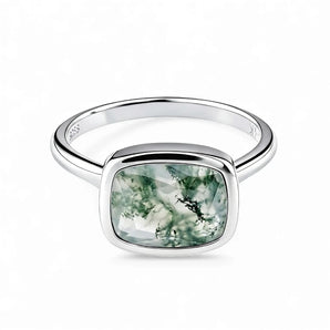 Moss Agate Cushion Ring - Pure Hush 925 Sterling Silver Front View