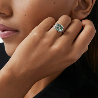 Moss Agate Cushion Ring - Pure Hush 925 Sterling Silver Model Shot