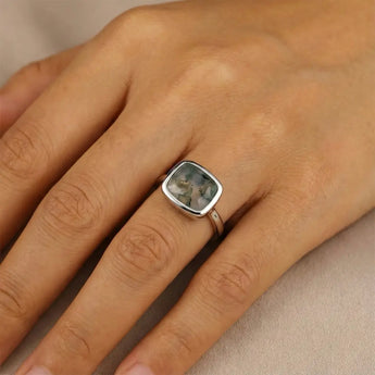 Moss Agate Cushion Ring - Pure Hush 925 Sterling Silver Worn View
