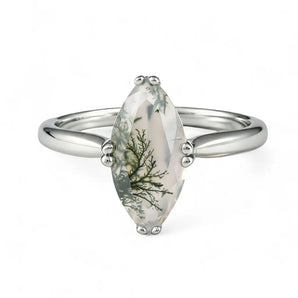 Moss Agate Marquise Ring - Silent Glow 925 Sterling Silver Front View