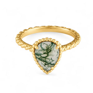 Moss Agate Pear Ring - Still Light 18KT Yellow Gold Vermeil Front View
