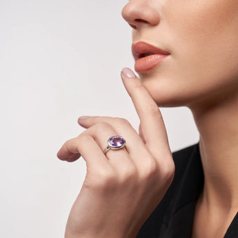 Oval Amethyst Bezel Ring - Contour 925 Sterling Silver Model Shot