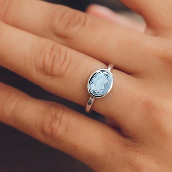 Oval Aquamarine Bezel Ring - Contour 925 Sterling Silver Wearing Diagram