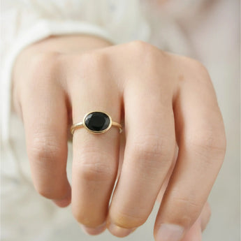 Oval Black Onyx Bezel Ring - Contour 18KT Yellow Gold Vermeil Wearing Diagram