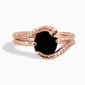 Oval Black Onyx Coil Ring - Serpent's Embrace 18KT Rose Gold Vermeil Front View