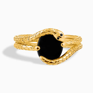Oval Black Onyx Coil Ring - Serpent's Embrace 18KT Yellow Gold Vermeil Front View