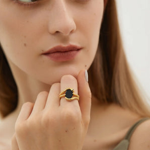Oval Black Onyx Coil Ring - Serpent's Embrace 18KT Yellow Gold Vermeil Model Shot