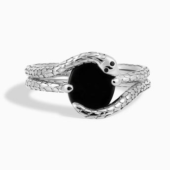 Oval Black Onyx Coil Ring - Serpent's Embrace 925 Sterling Front View