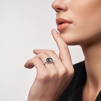 Oval Black Rutilated Quartz Bezel Ring - Contour 925 Sterling Silver Model Shot