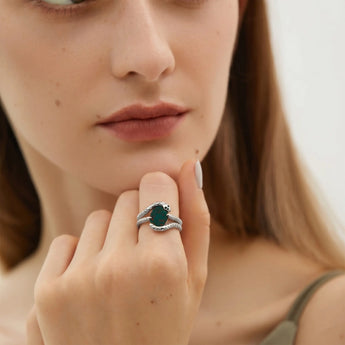 Oval Bloodstone Coil Ring - Serpent's Embrace 925 Sterling Model Shot