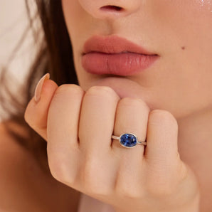 Oval Blue Sapphire Bezel Ring - Contour 925 Sterling Silver Model Shot