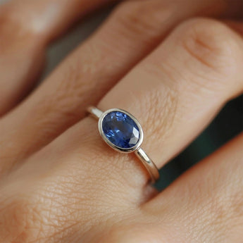 Oval Blue Sapphire Bezel Ring - Contour 925 Sterling Silver Wearing Diagram