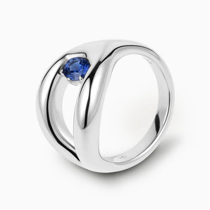 Oval Blue Sapphire Embrace Ring - Enfolding Arch 925 Sterling Silver Side View