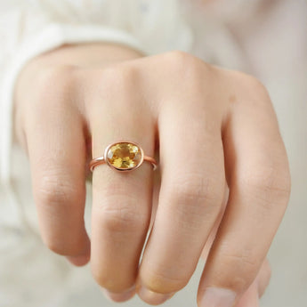 Oval Citrine Bezel Ring - Contour 18KT Rose Gold Vermeil Wearing Diagram