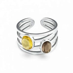Oval Citrine & Smoky Quartz Ring - Echo of Balance 925 Sterling Silver Front View