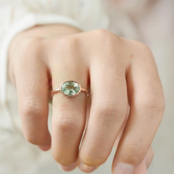 Oval Green Amethyst Bezel Ring - Contour 18KT Rose Gold Vermeil Wearing Diagram