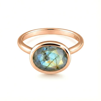 Oval Labradorite Bezel Ring - Contour 18KT Rose Gold Vermeil Front View
