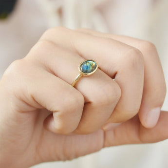 Oval Labradorite Bezel Ring - Contour 18KT Yellow Gold Vermeil Wearing Diagram