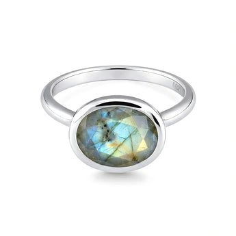 Oval Labradorite Bezel Ring - Contour 925 Sterling Silver Front View