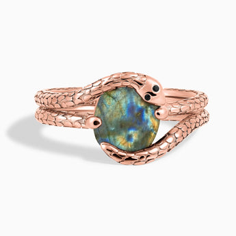 Oval Labradorite Coil Ring - Serpent's Embrace 18KT Rose Gold Vermeil Front View